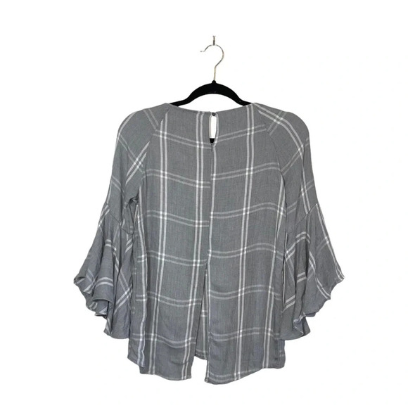 LC Lauren Conrad Gray & White Plaid Print Bell Split Back Top Xsmall Women’s - Picture 7 of 14